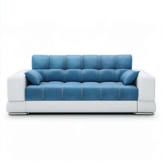 Trzyosobowa sofa niebiesko-biała 220 x 90 x 88 cm z tapicerką poliestrową i skórą syntetyczną PU