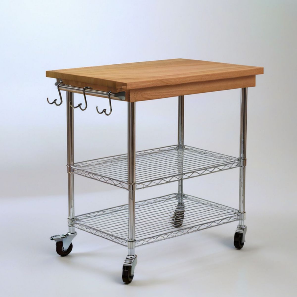 Mobilny stolik kuchenny z blatem z drewna bukowego 60 x 45 x 85 cm naturalny srebrny czarny